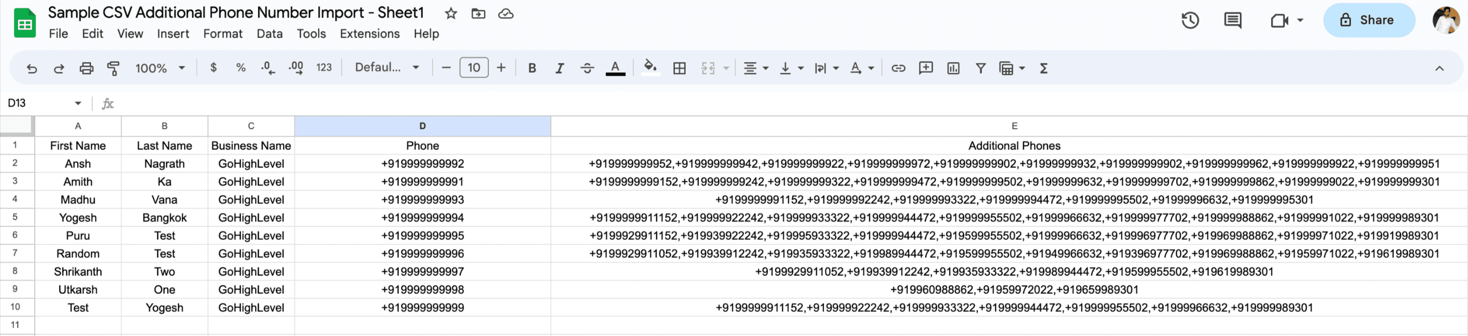 Sample CSV