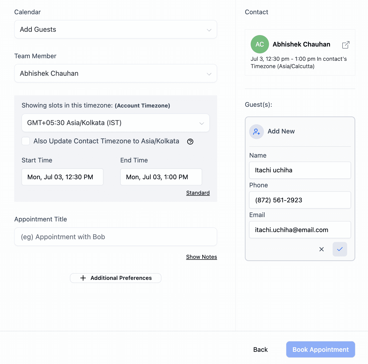Managing appointment sections