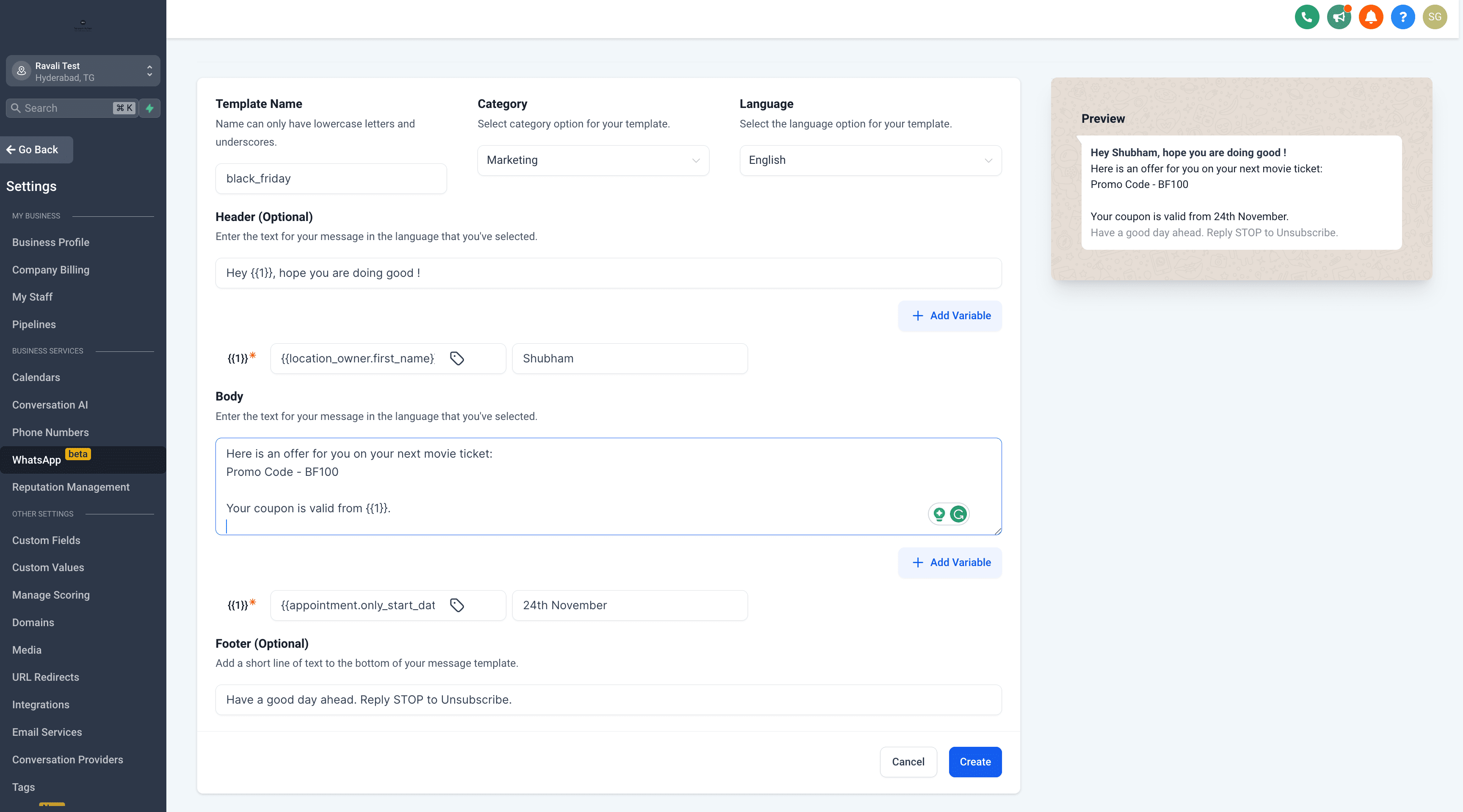 Screenshot of Custom Variable Support