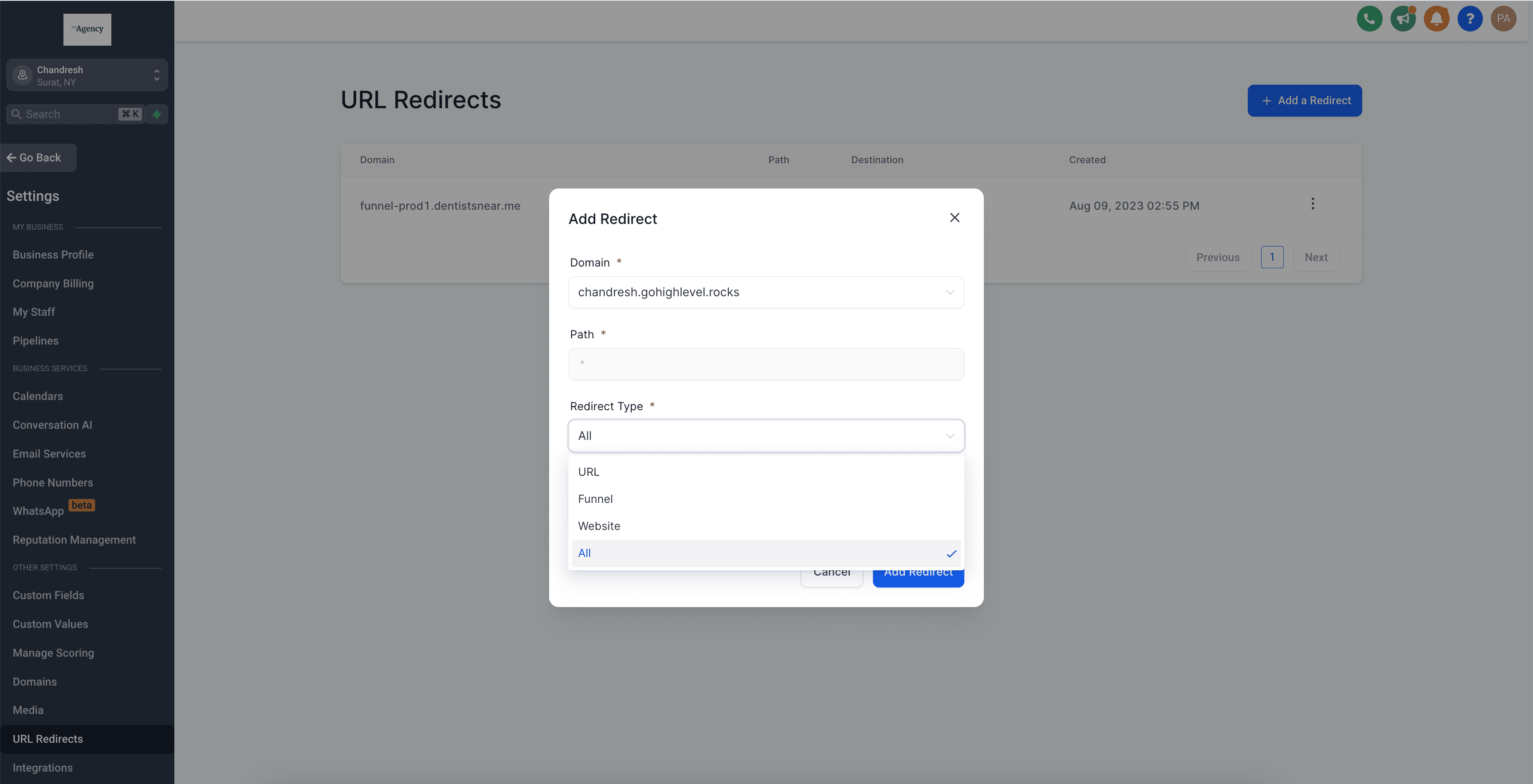 URL Redirects Setting