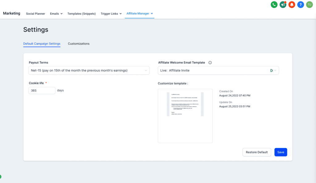 Affiliate marketing platform settings interface screenshot.