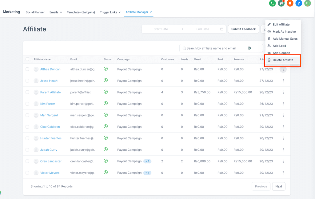 Screenshot of affiliate management software interface.