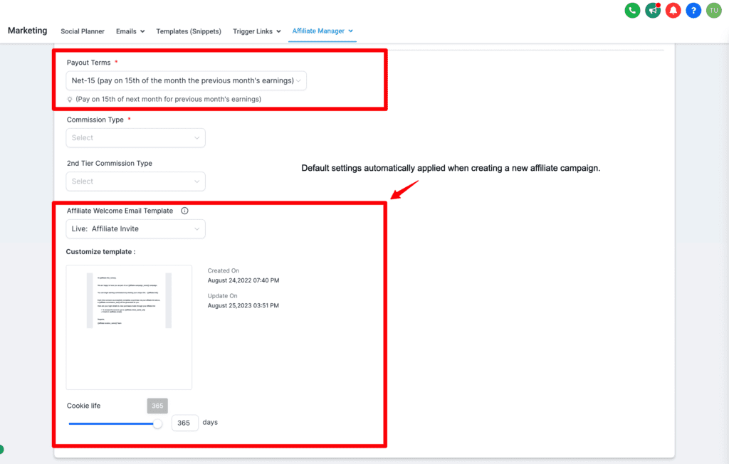 Affiliate marketing platform settings interface.