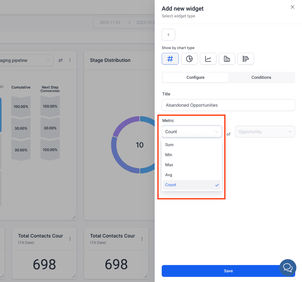 Dashboard interface adding new widget for tracking metrics.