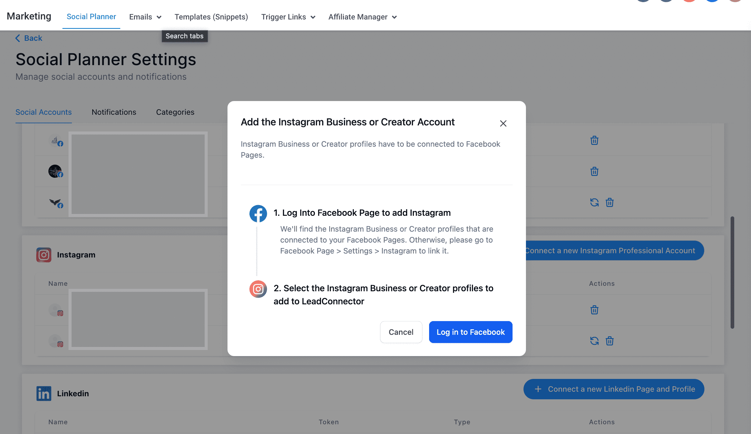 Instagram account panel
