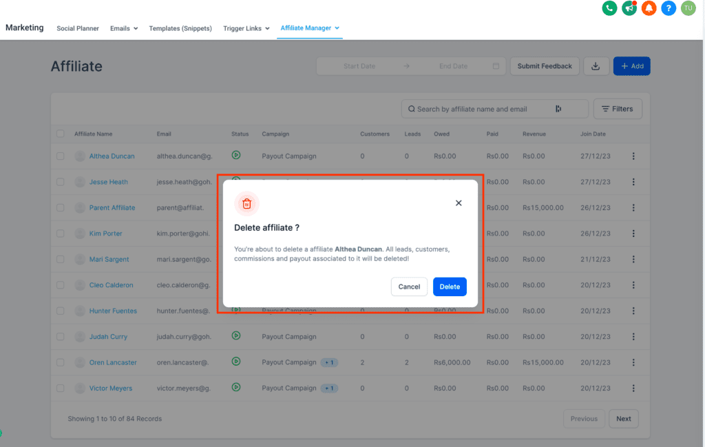 Affiliate management system with delete confirmation pop-up.