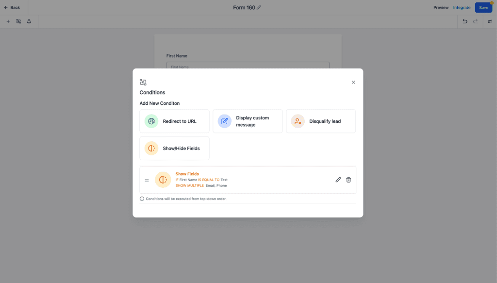 Web form builder interface with conditions settings.