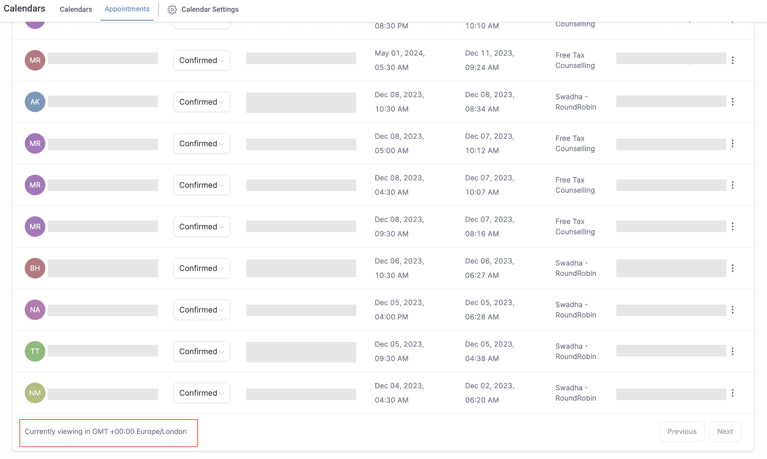 Appointment list