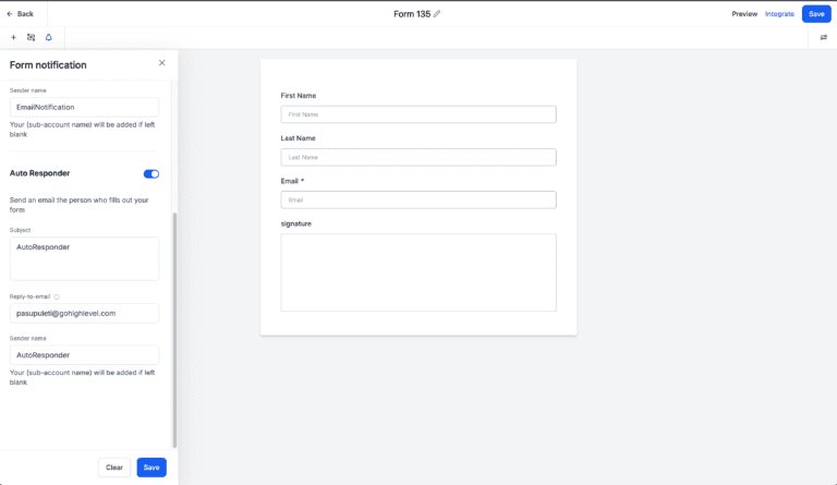 Online form builder interface with autoresponder settings.
