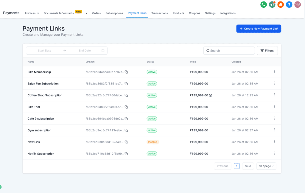 Screenshot of an online payment links dashboard.