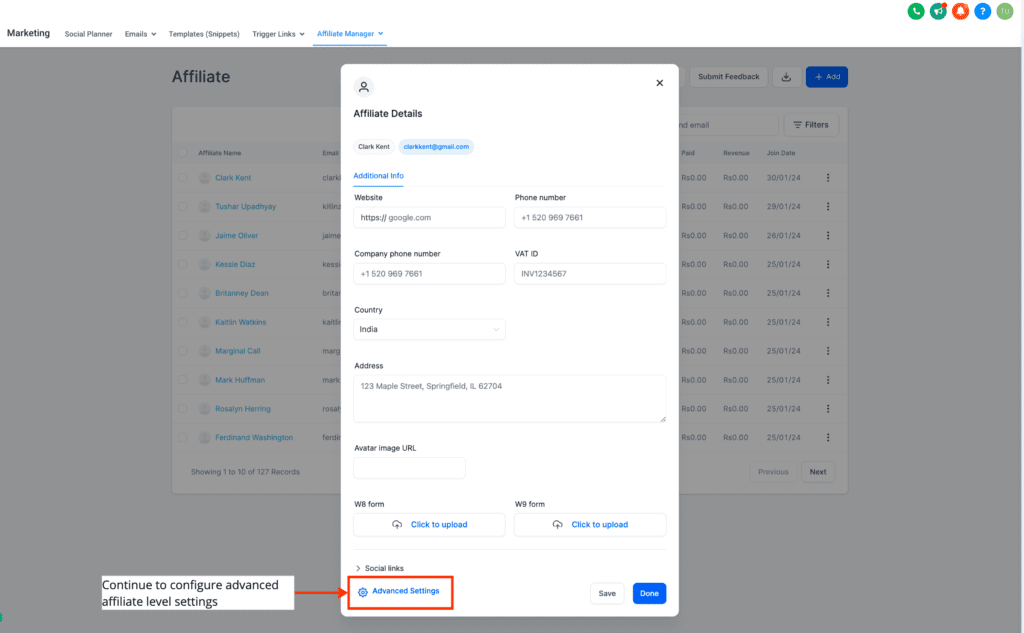 Screenshot of affiliate management software interface.