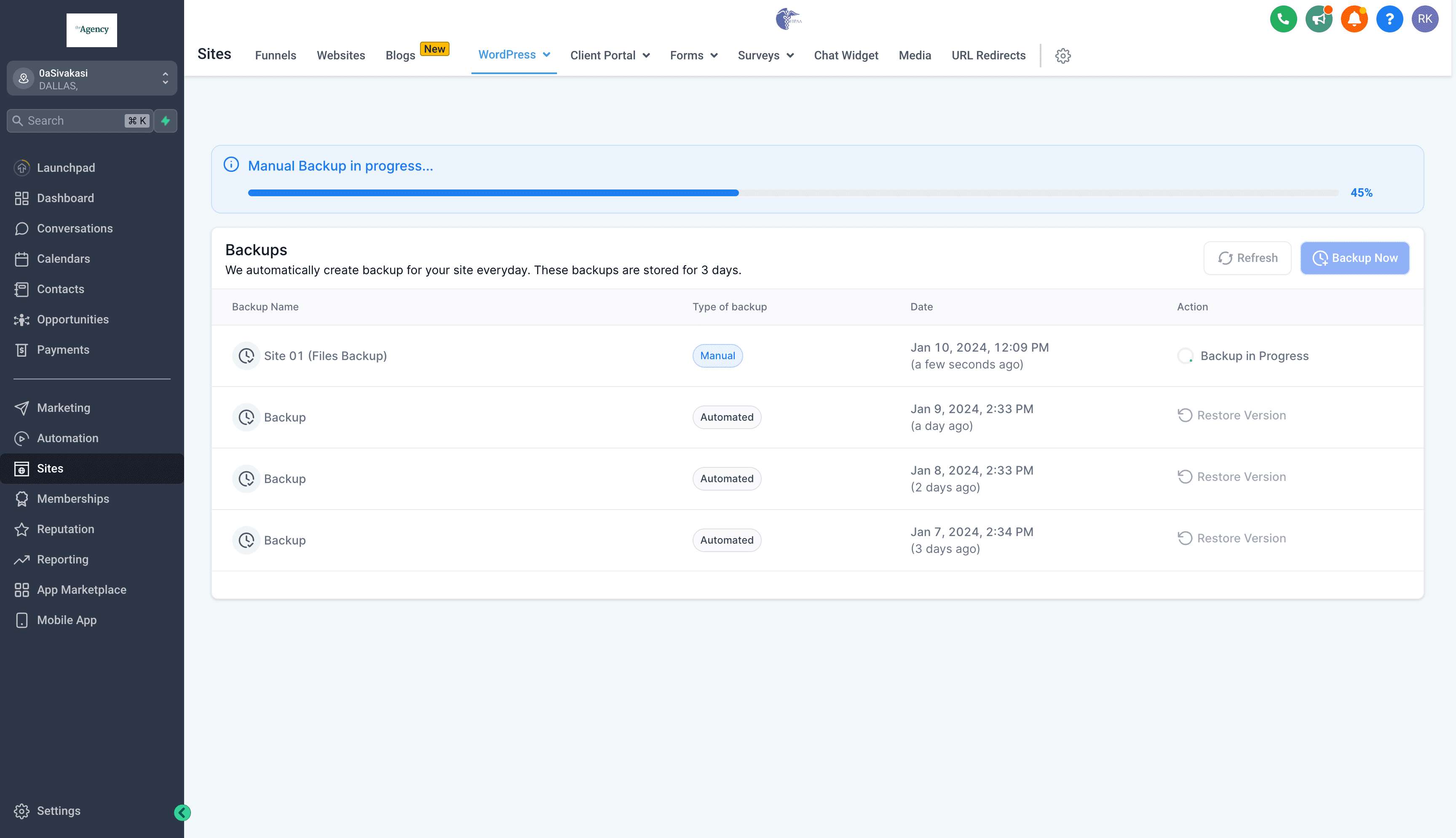 Image: Dashboard Backup