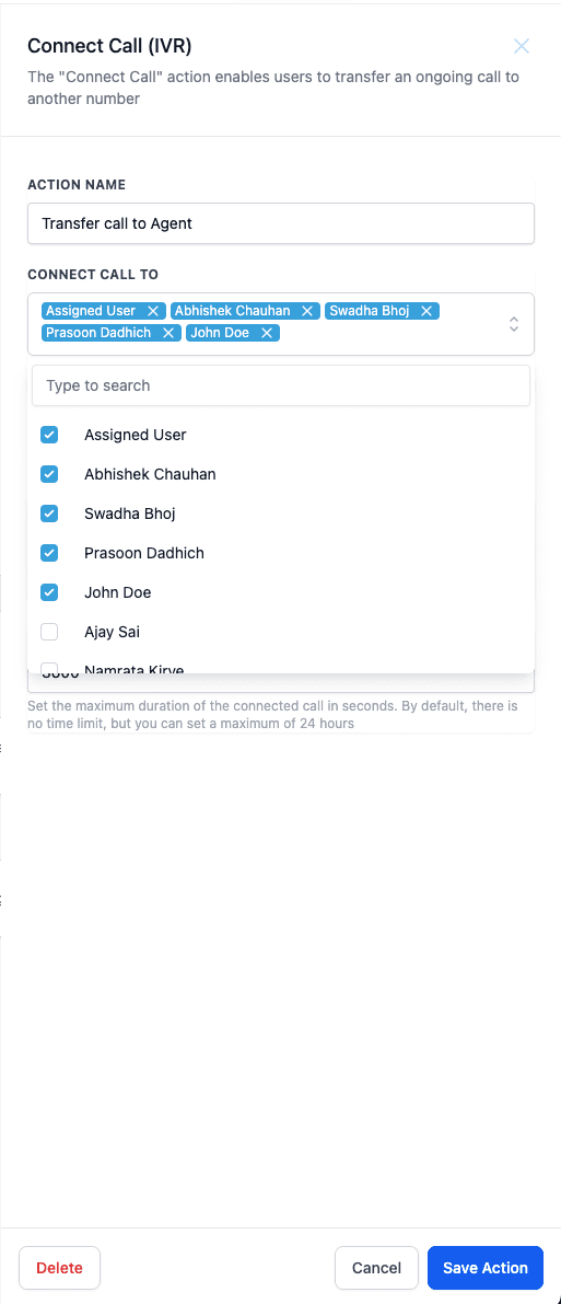 Connect Call Action within the IVR System