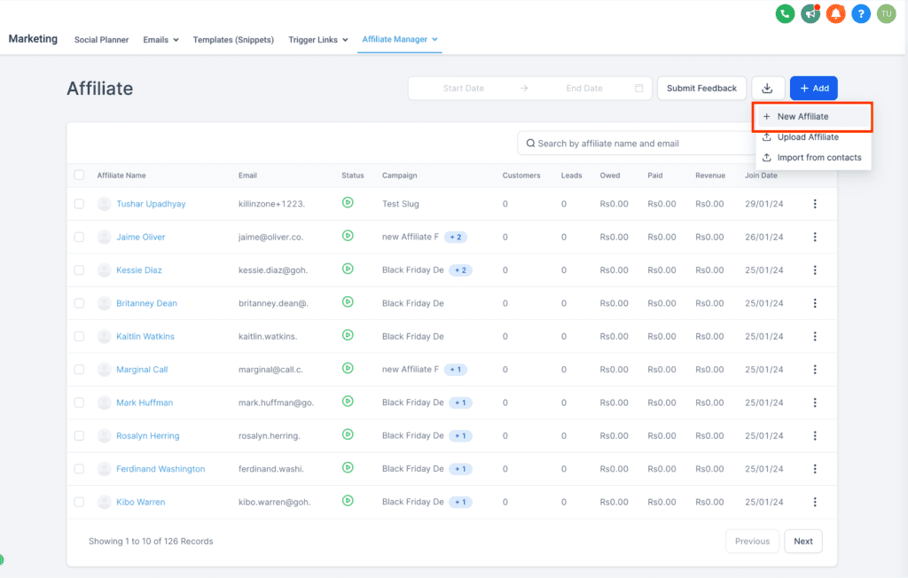 Screenshot of an affiliate management software interface.
