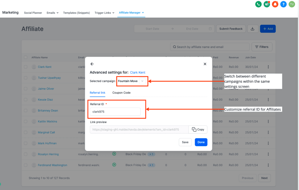 Affiliate marketing platform interface with referral settings.