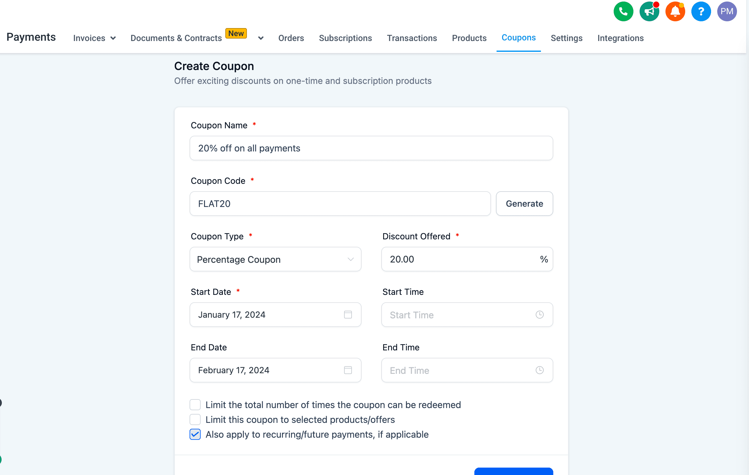 Screenshot of adding coupon codes