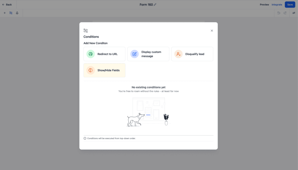 Online form conditions setup interface screenshot.