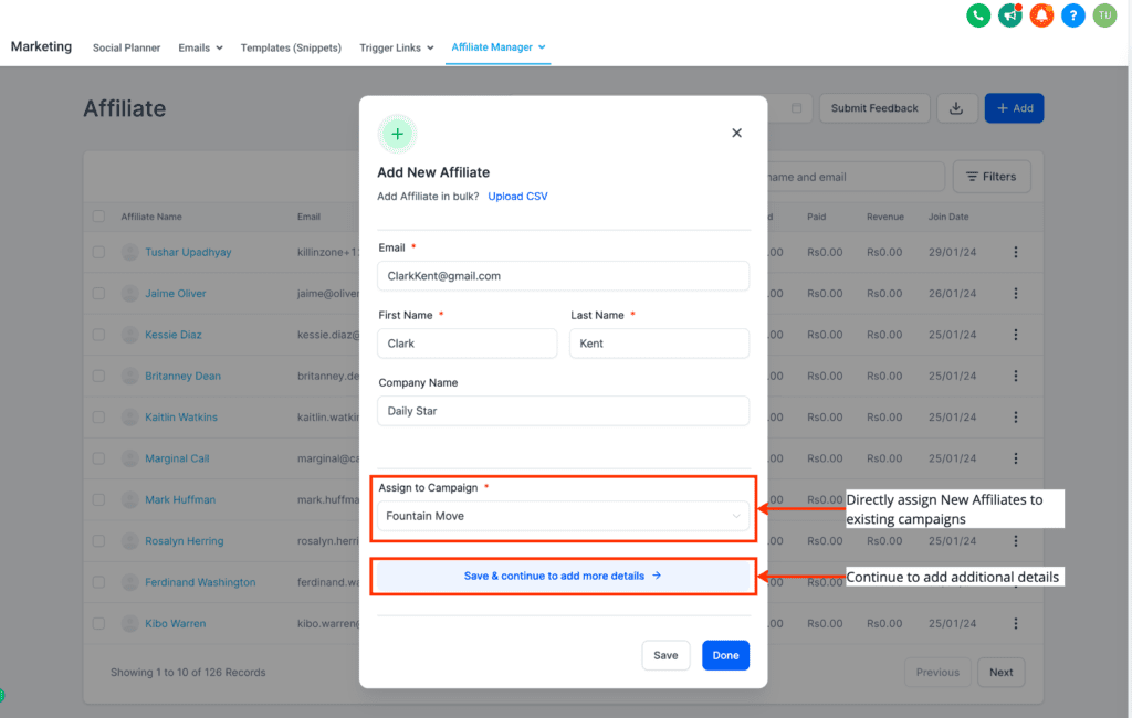 Affiliate management system interface with new entry form.