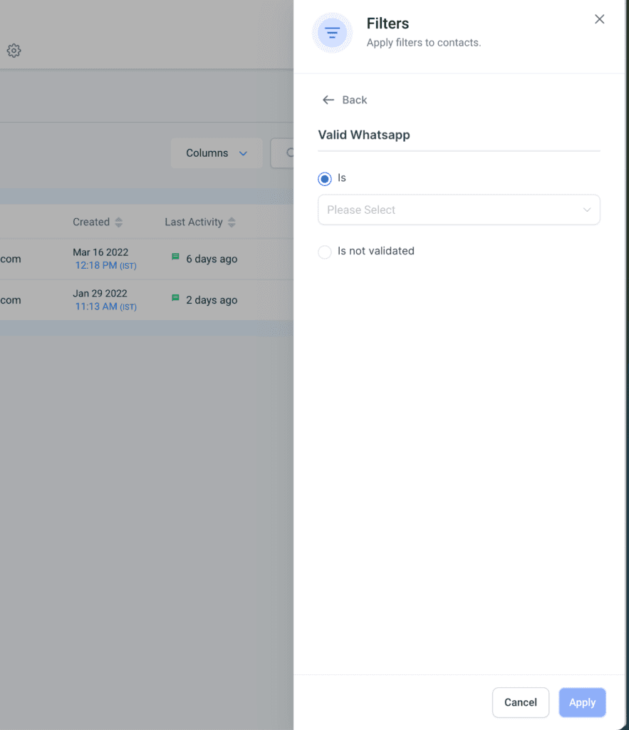 Screenshot of CRM contacts management interface.