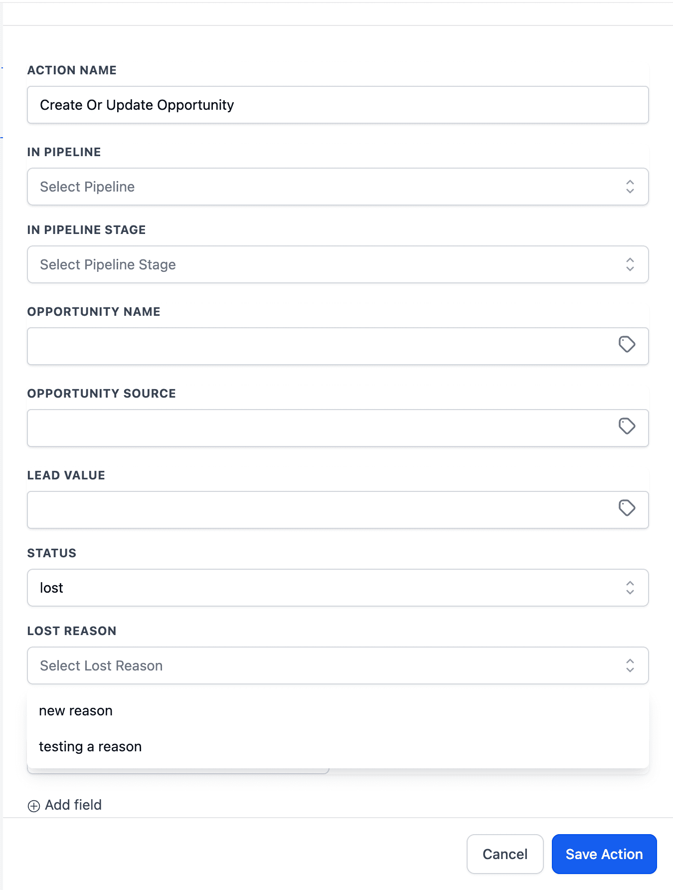 Create/Update Opportunity Actions Screenshot