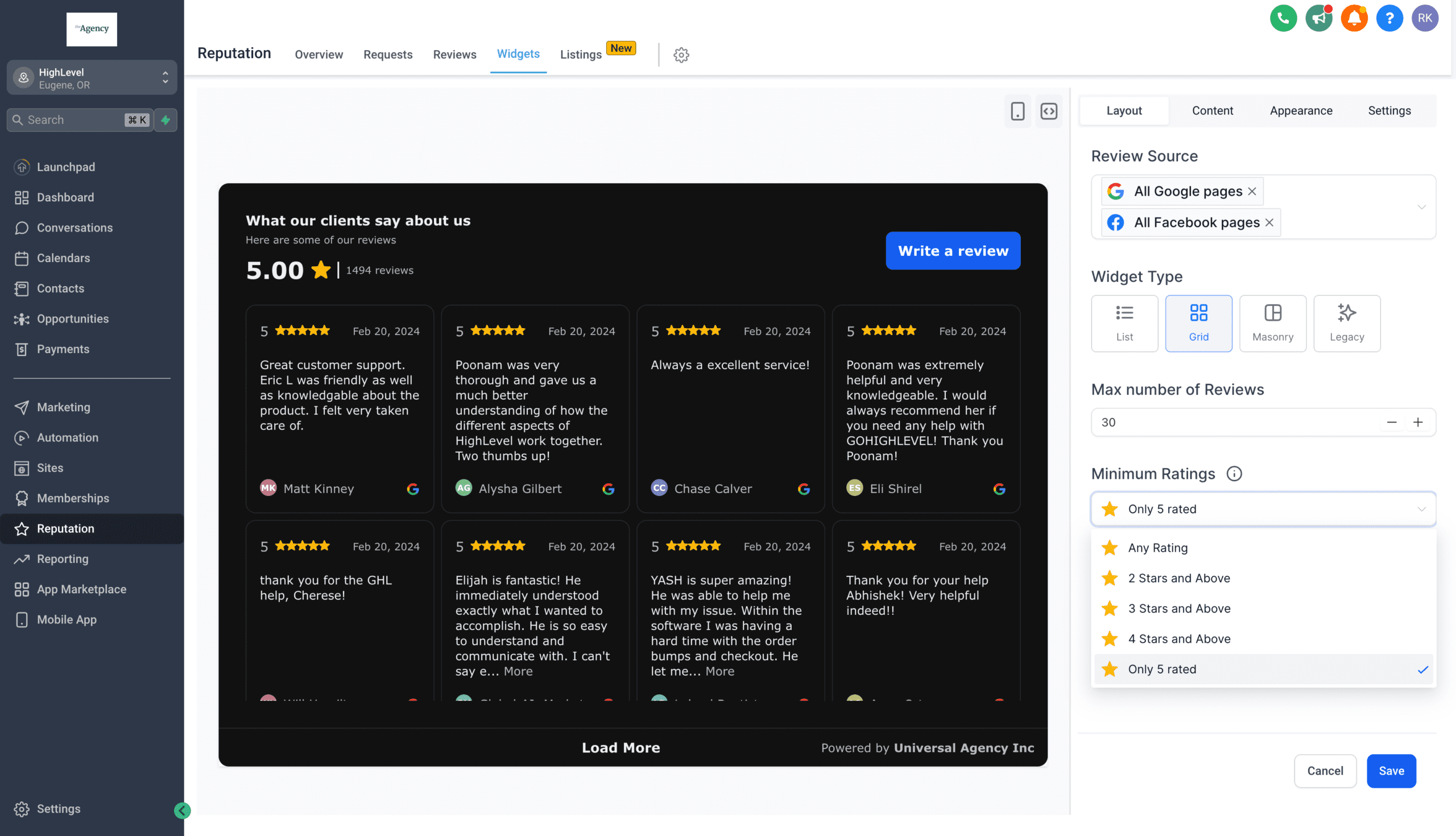 Filtering in Review Widget Screenshot