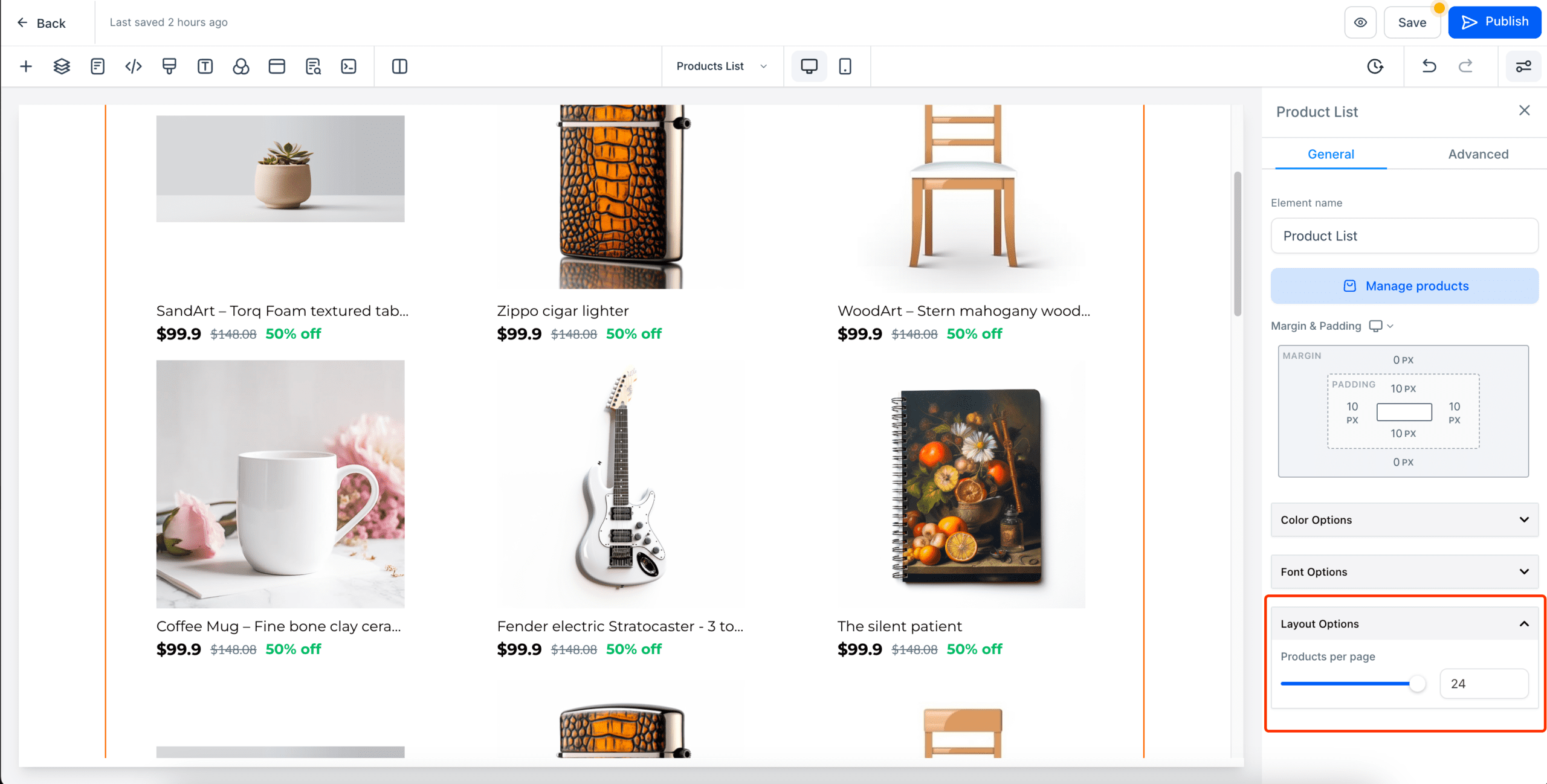 Product list settings