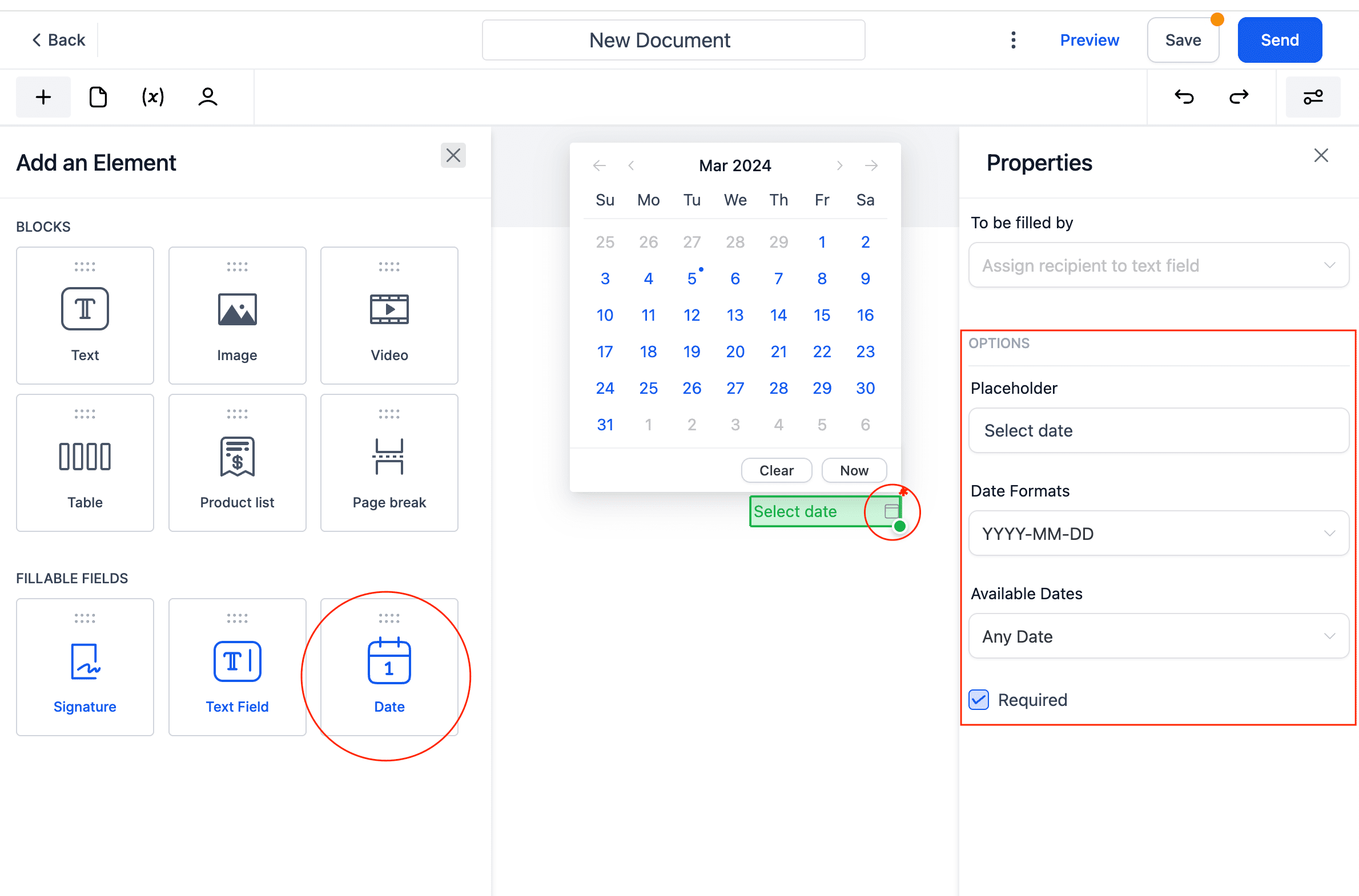 Screenshot of Fillable Date Field Element