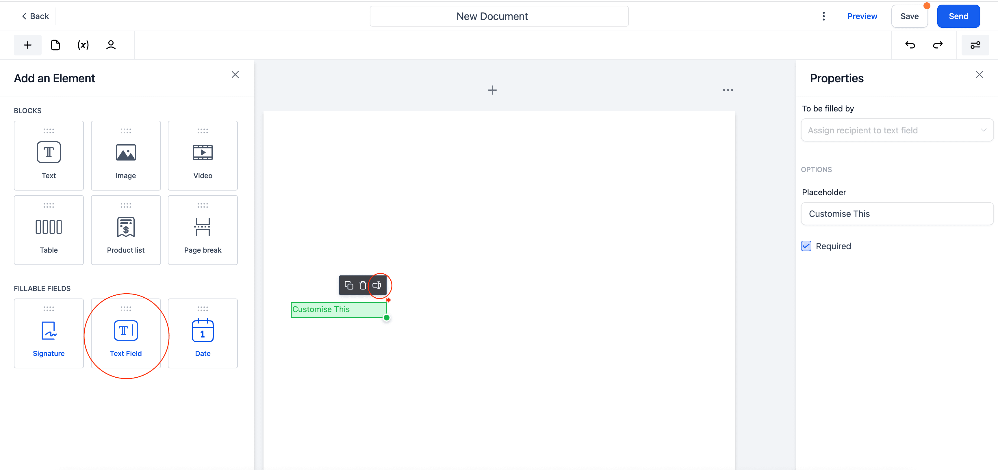 Screenshot of Fillable Text Field Custom Value