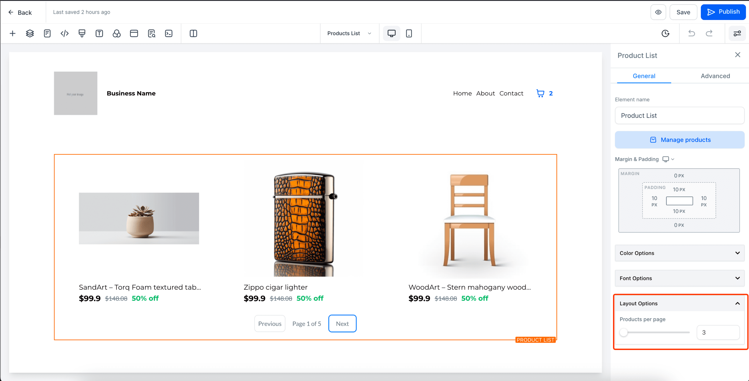 E-commerce layout options