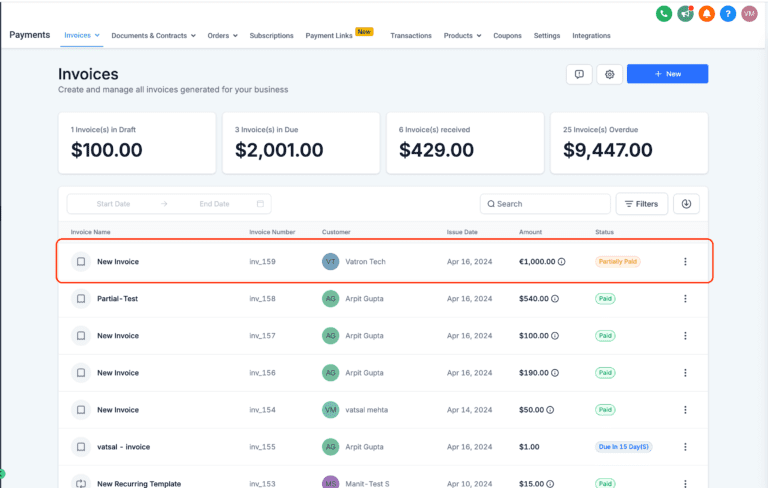 Invoice management software interface showing various payment statuses.