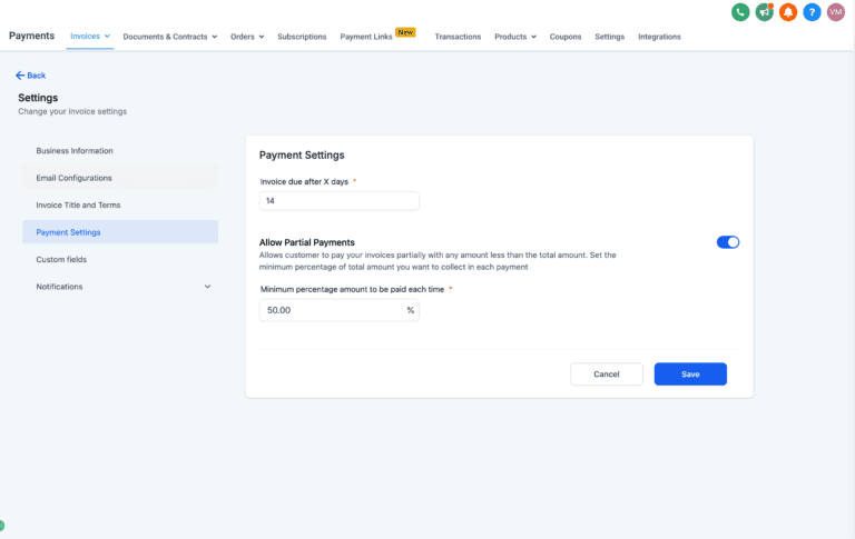 Online invoice payment settings interface.