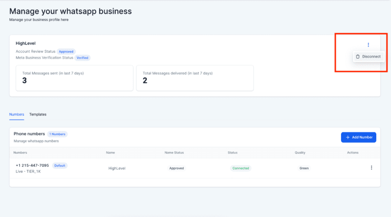 Dashboard view of WhatsApp business management interface.