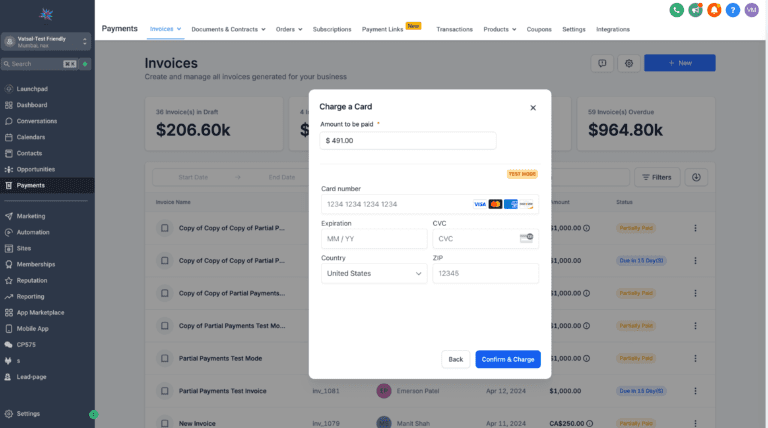 Invoice management software interface with payment processing form.
