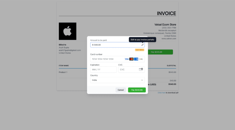 Online invoice payment interface with credit card form