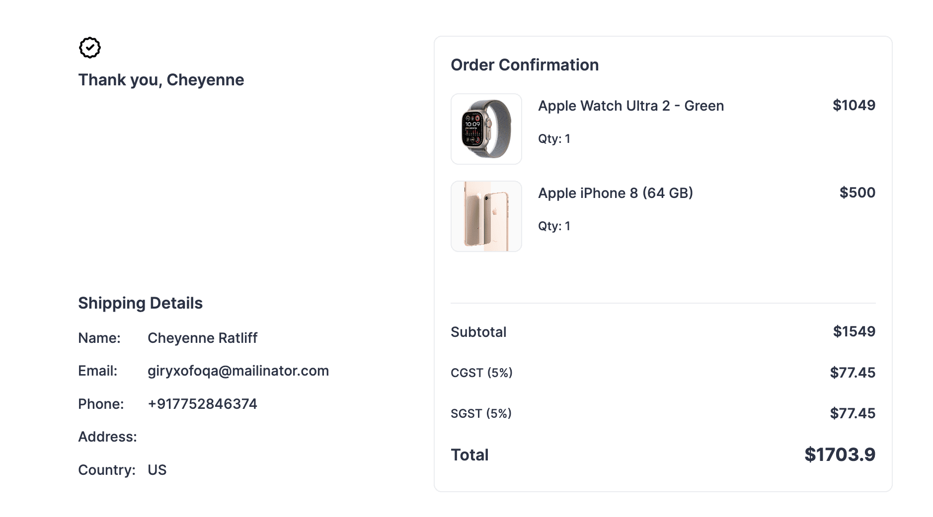Order Confirmation Screenshot