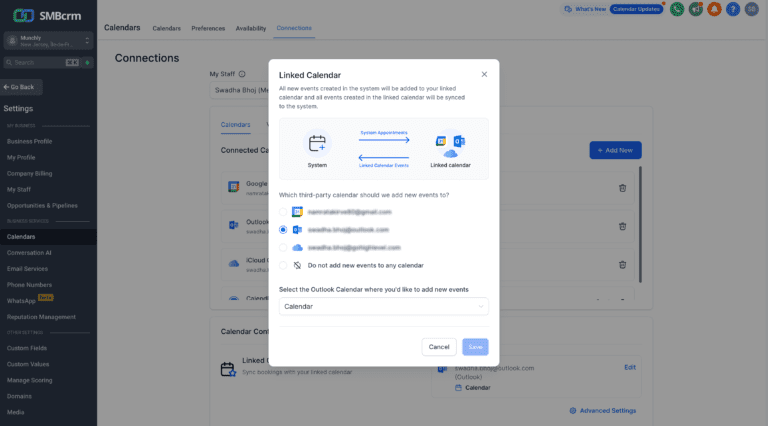 CRM software displaying calendar integration options.