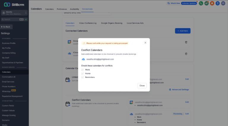 Software interface managing calendar conflict settings.