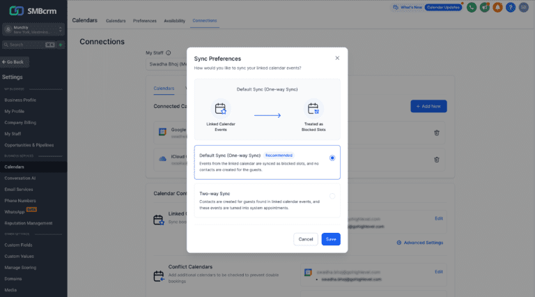 SMBcrm calendar synchronization preferences settings interface.