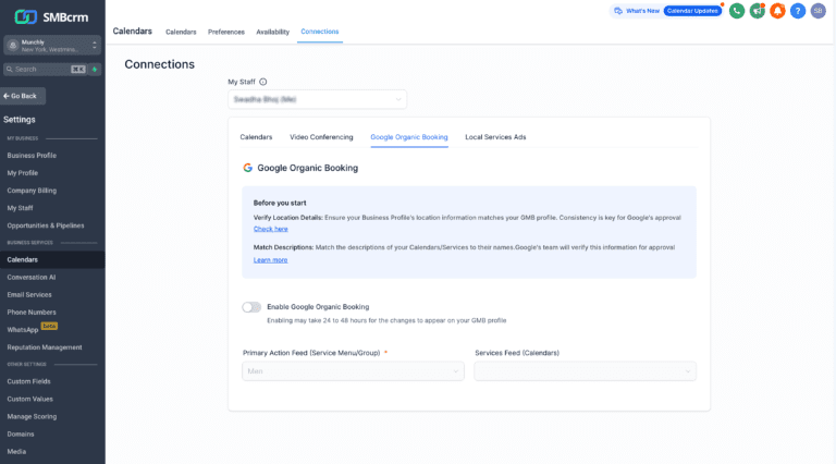 Screenshot of SMBcrm Google Organic Booking settings page.
