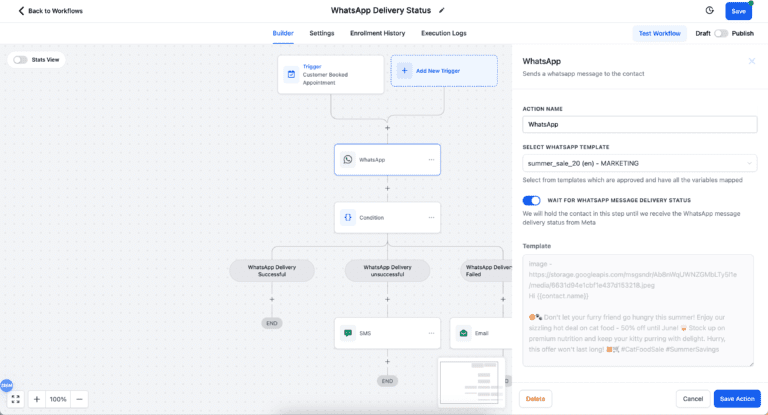 Screenshot of a digital workflow for WhatsApp message delivery.
