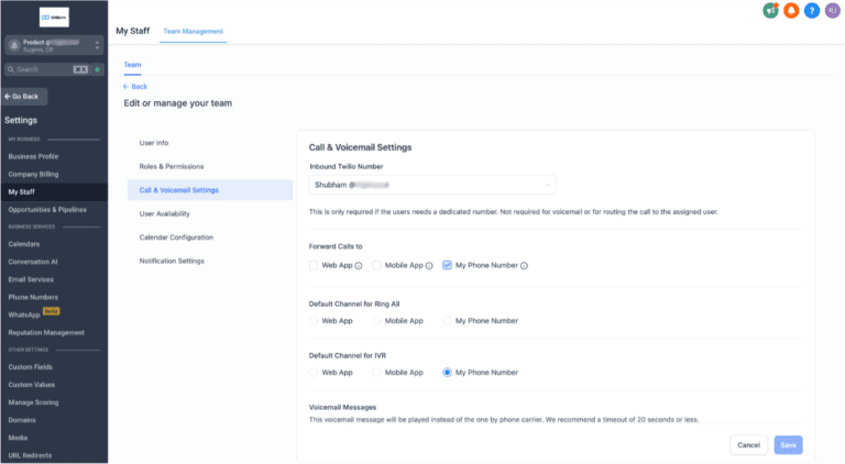 Business software interface showing call and voicemail settings.