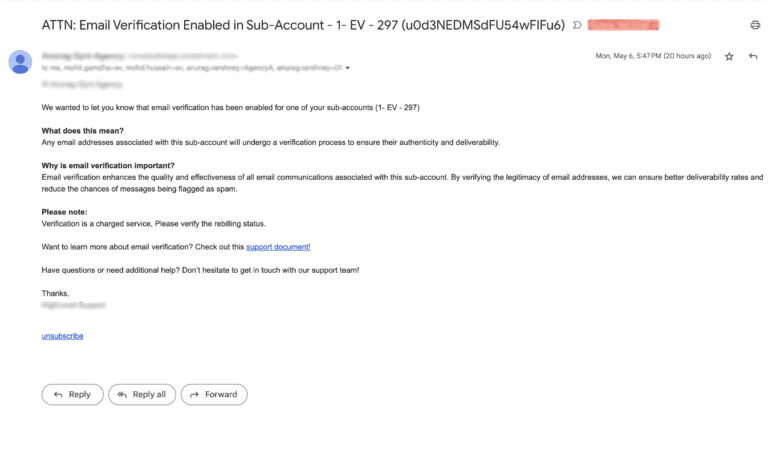 Screenshot of an email notification about email verification.