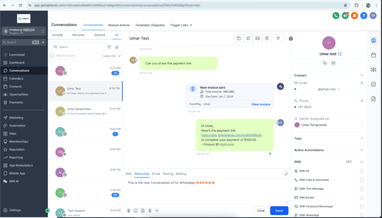 Screenshot of CRM software displaying invoice conversation.