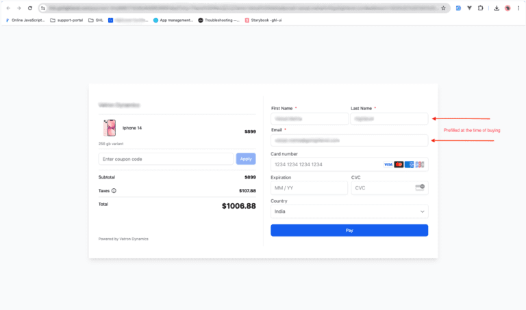 Online checkout page displaying iPhone purchase form.