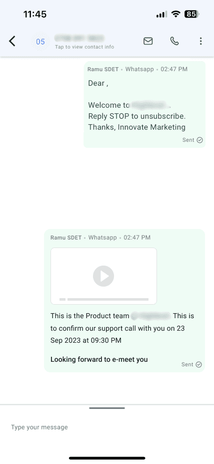 Screenshot of WhatsApp chat with marketing messages