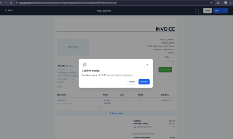 Screenshot showing invoice confirmation pop-up window.