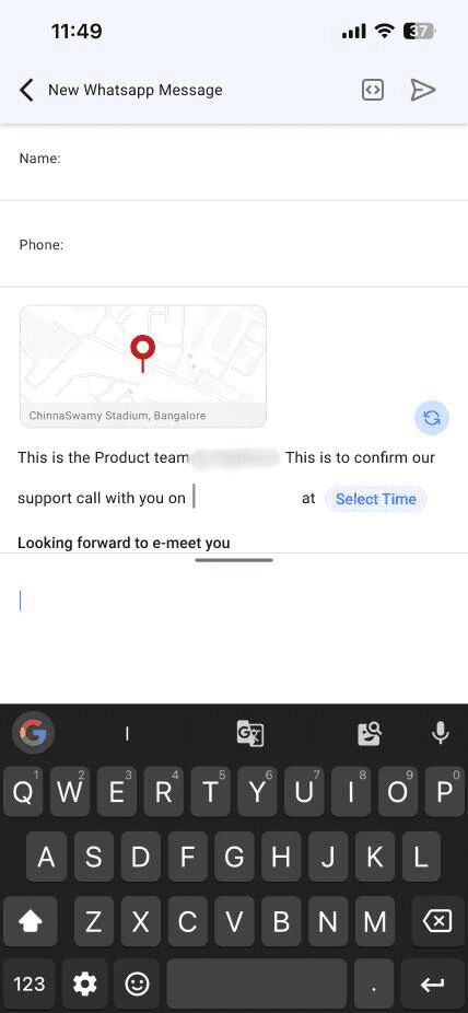 Screenshot of Whatsapp message arranging a meeting