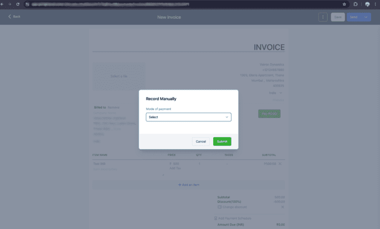 Screenshot displaying new invoice creation interface
