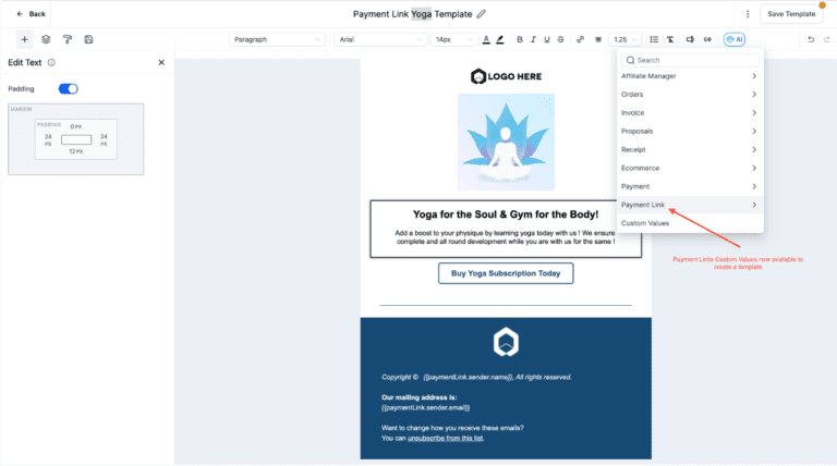 Website editor screen showing yoga subscription template.