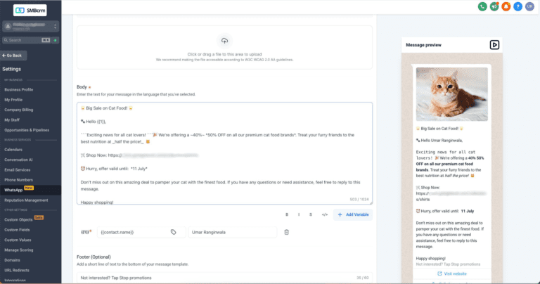 Screenshot of CRM software email campaign editor